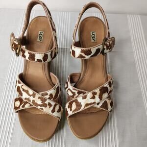 UGG Calf Hair Giraffe / Leopard‎ Print Jazmine Sandals Wedge Heels Women's 7.5